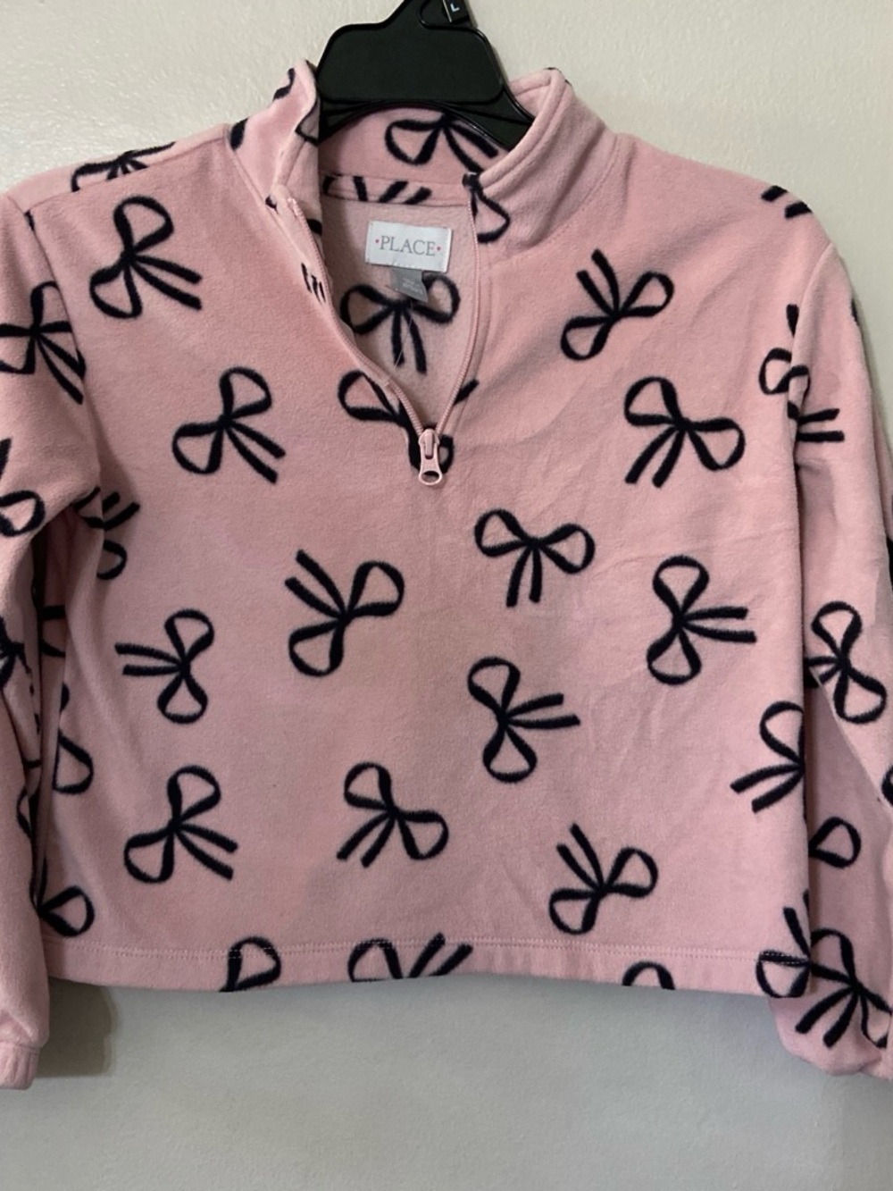 Place Pink Half-Zip Fleece Pullover with Navy Bow Print
